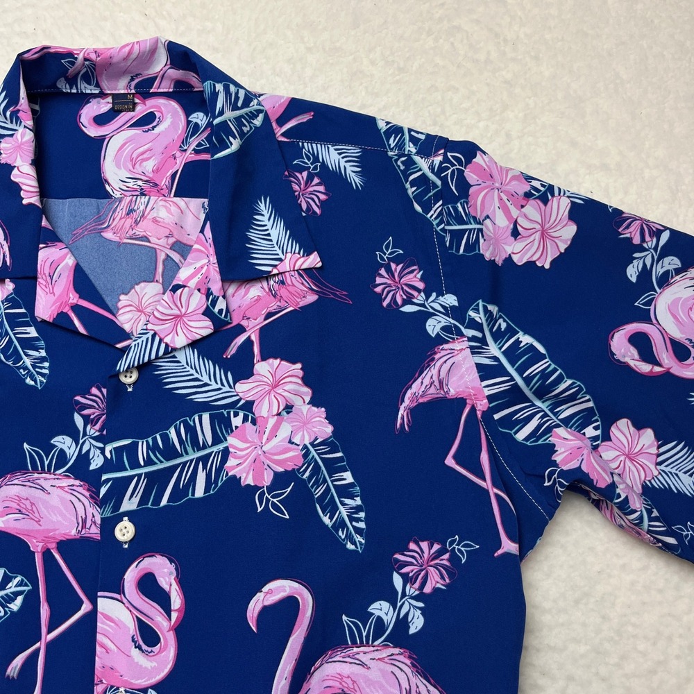 Design In Italy Button Up Shirt Men M Blue Flamingo Floral Tropical Short Sleeve